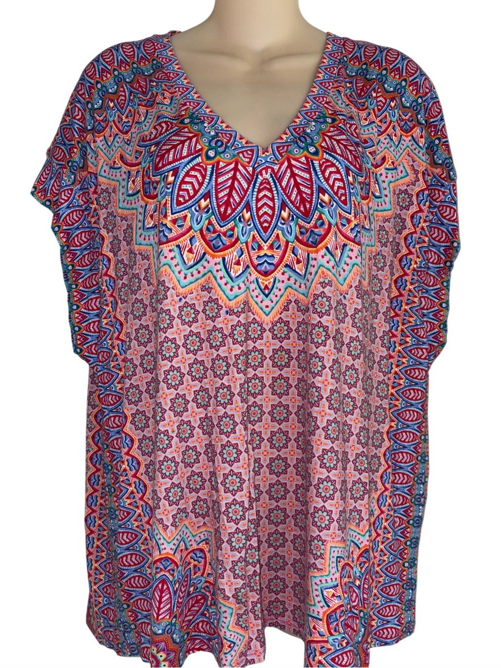 Hale Bob Boho Short Sleeve V-Neck Top Geometric Print Size Large Relaxed Fit
